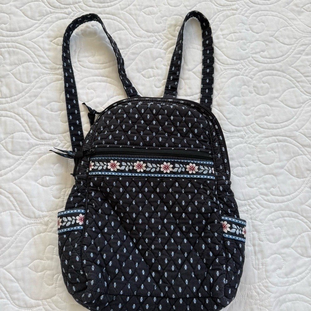 Vera Bradley Black Quilted Backpack with Floral Trim